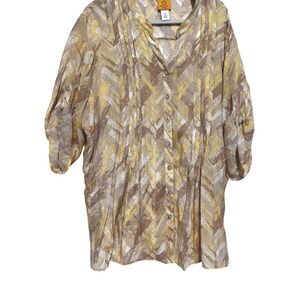 Ruby Rd Woman 3X Beige Abstract Chevron Print‎ Button Front Tunic Top career